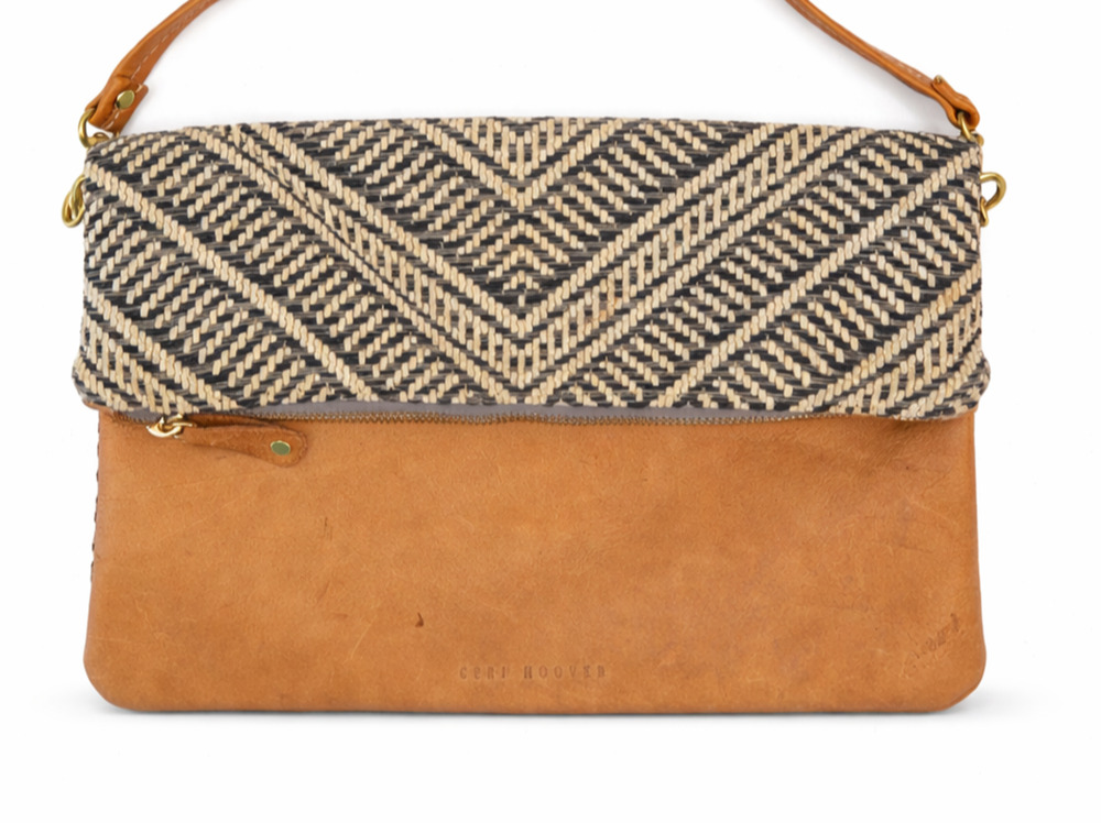 Leather Foldover Crossbody Bag Ceri Hoover Woven Geometric Camel Tan USA Made